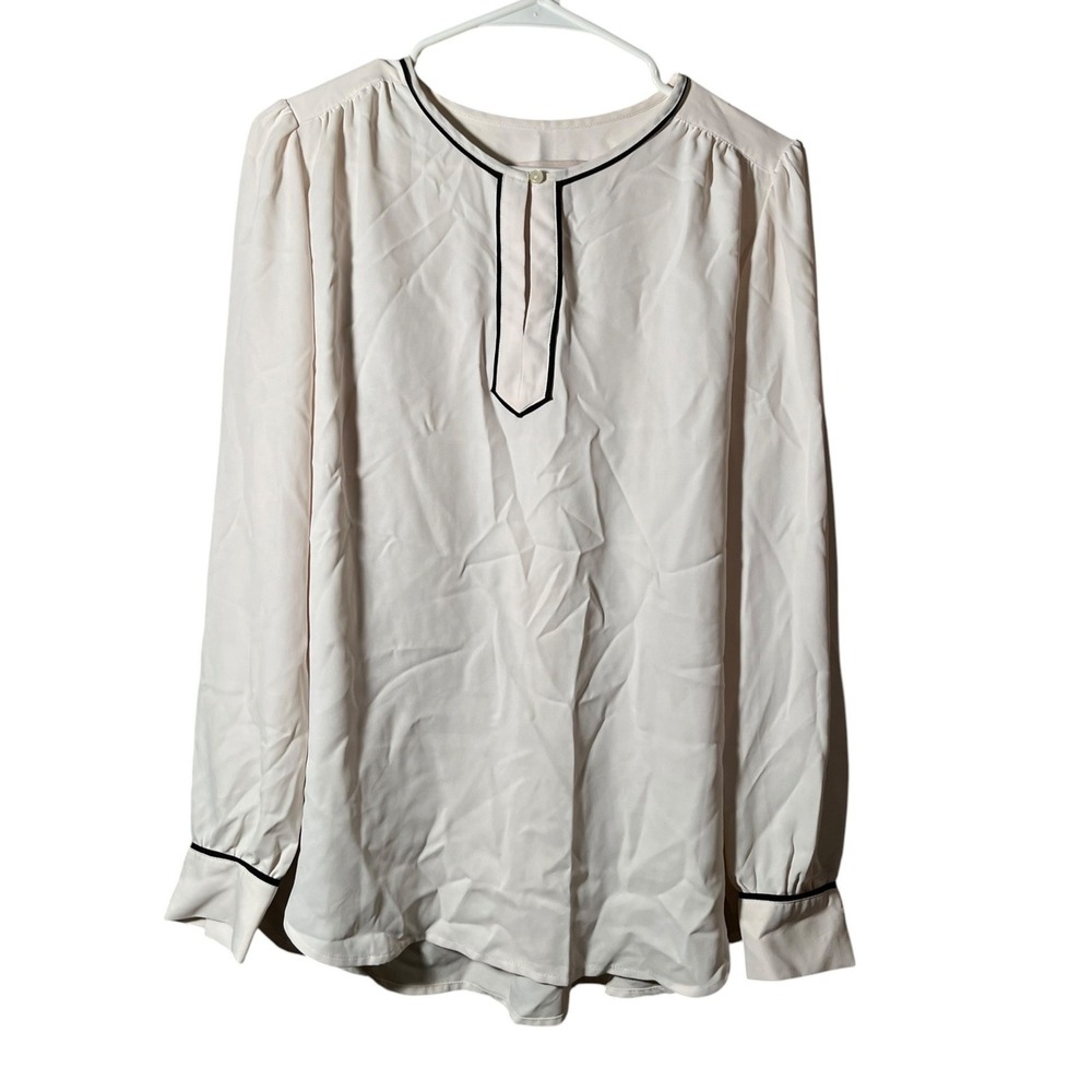 Loft Women's Size Small Peasant Blouse Cream Black Piping Long Sleeve Keyhole